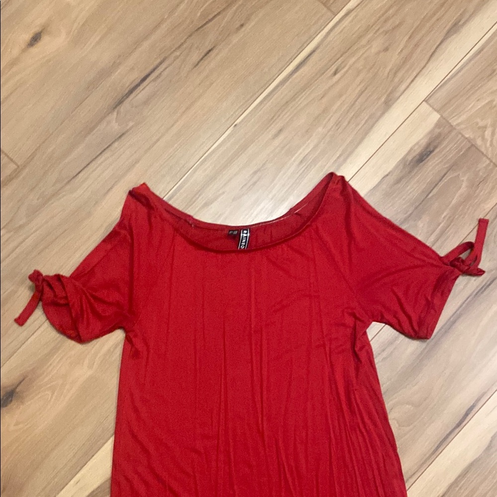 Rainbow Red Ruffled Cold Shoulder Midi Dress - Picture 2 of 5
